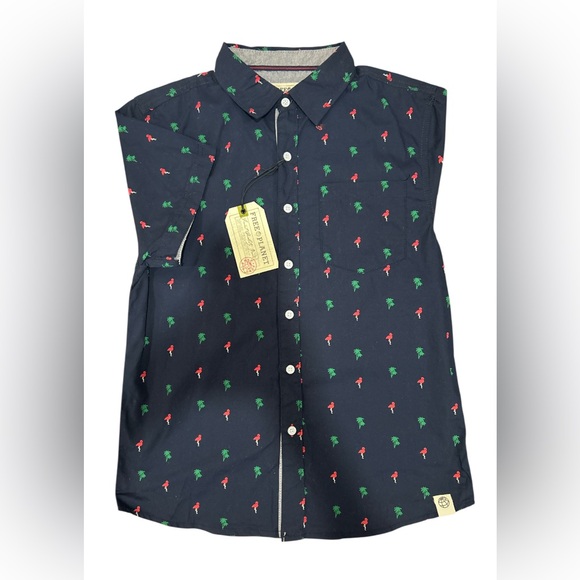 Free Planet Boys Navy Shirt Flamingo and Palm Tree print, size 10/12 NWT - Picture 1 of 7